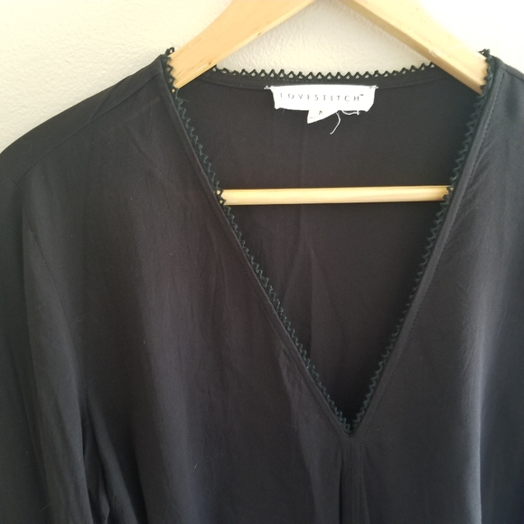 Black Boho Tie Front V Neck Blouse - Picture 4 of 5